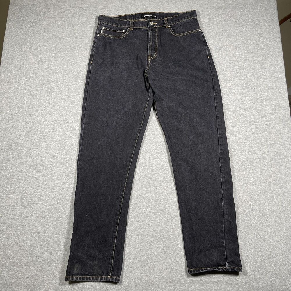 Palace Jeans Mens 34 Black Dark Wash Straight Button Fly Logo Regular Fit